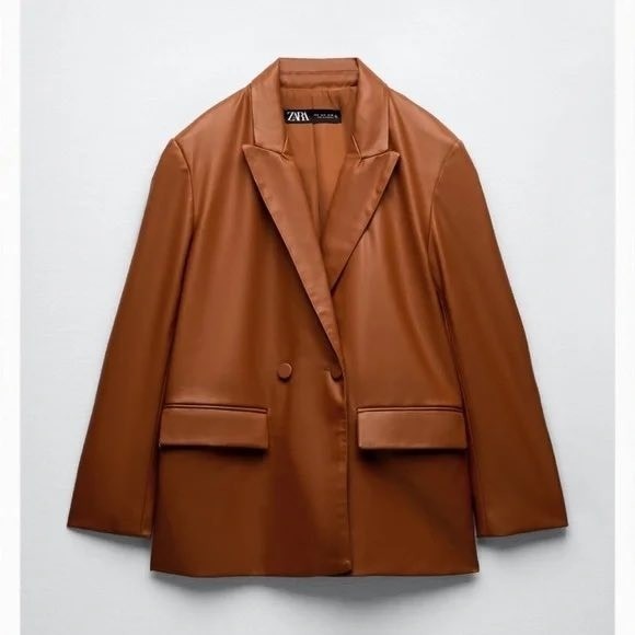 NWT Zara Faux Vegan Leather Oversized Boyfriend Brown Cognac Blazer Jacket - Picture 1 of 9